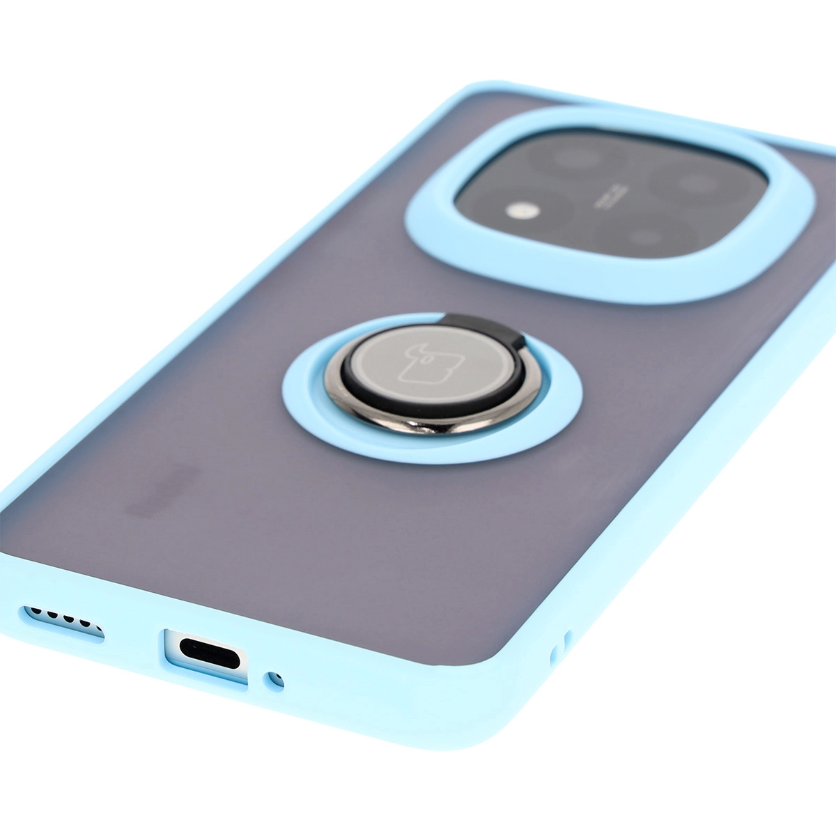 Etui Bizon z uchwytem na palec Hybrid Ring do Xiaomi Redmi Note 14 Pro Plus 5G Przydymione z jasnoniebieską ramką