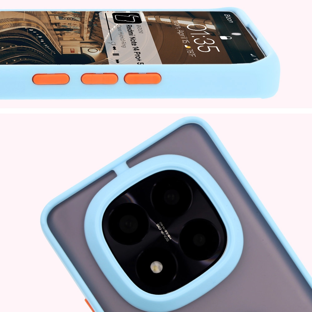 Etui Bizon z uchwytem na palec Hybrid Ring do Xiaomi Redmi Note 14 Pro Plus 5G Przydymione z jasnoniebieską ramką