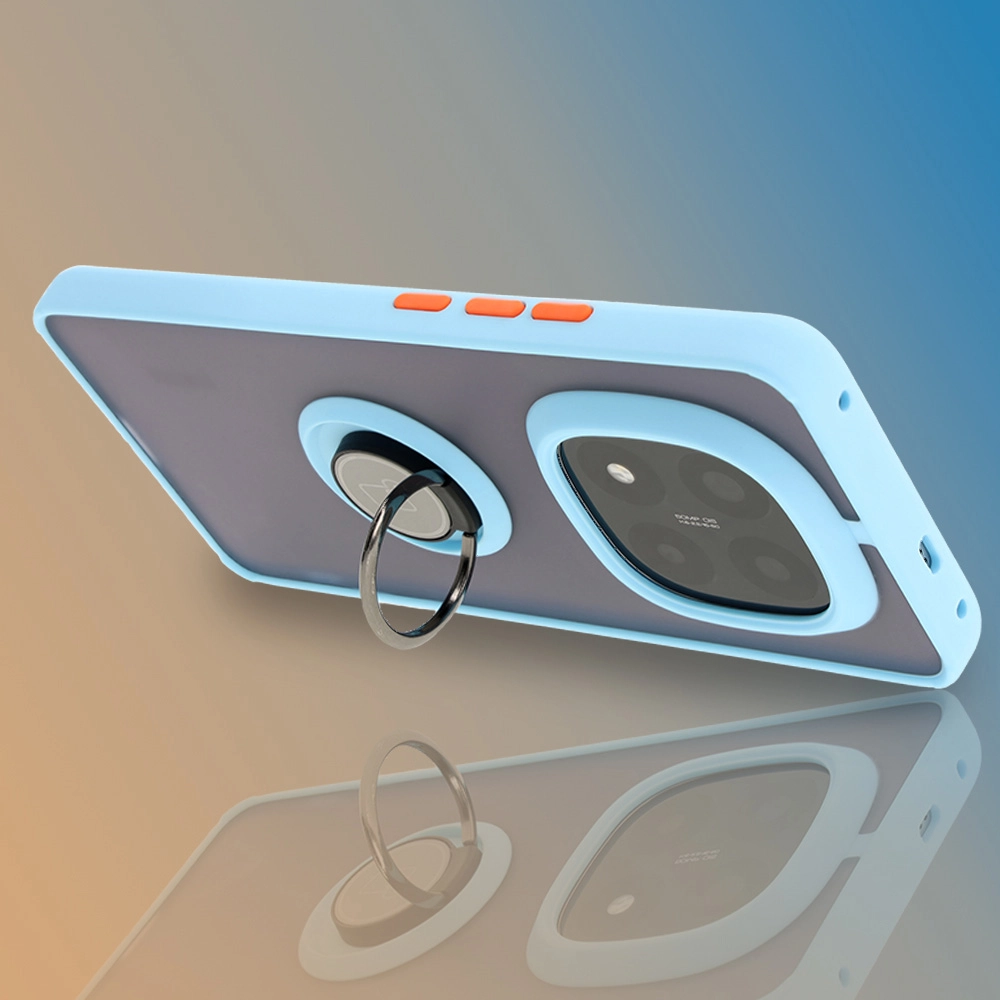 Etui Bizon z uchwytem na palec Hybrid Ring do Xiaomi Redmi Note 14 Pro Plus 5G Przydymione z jasnoniebieską ramką