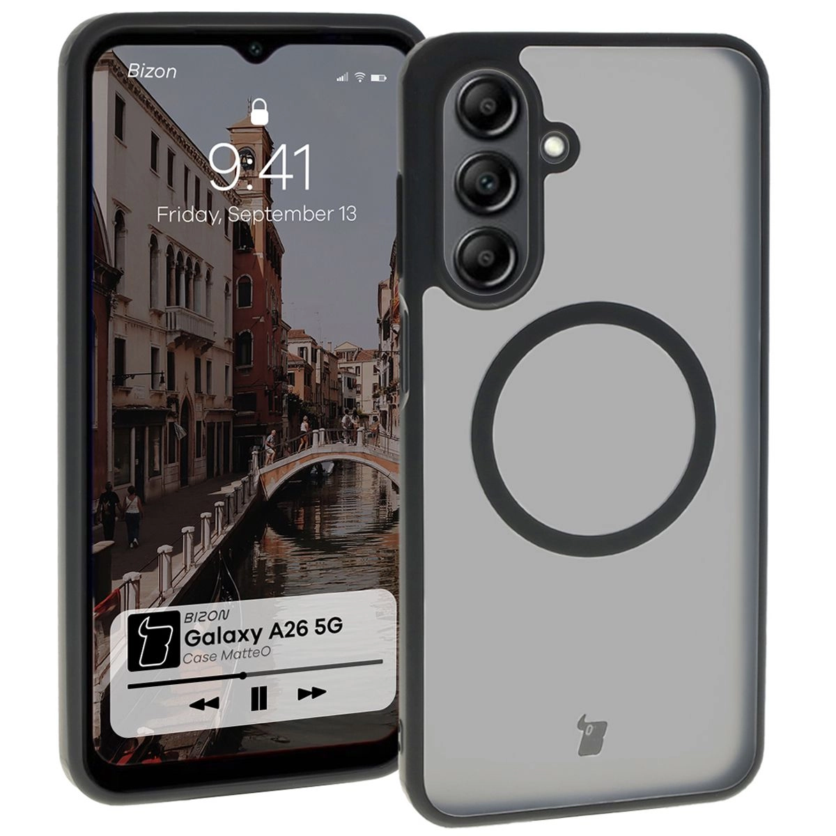 Etui Bizon MatteO z MagSafe do Galaxy A26 5G Półprzezroczyste z czarną ramką