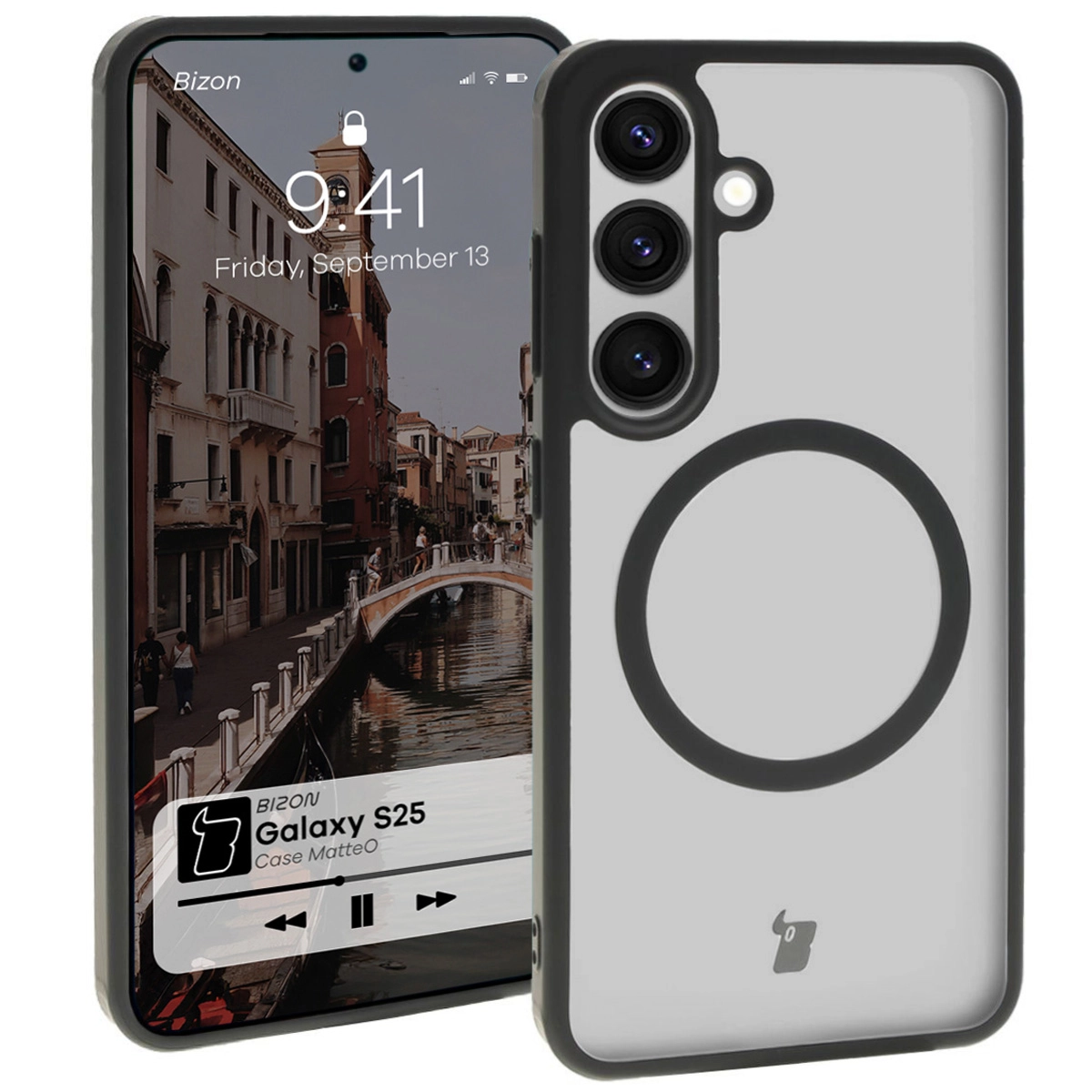 Etui Bizon MatteO z MagSafe do Galaxy S25 Półprzezroczyste z czarną ramką