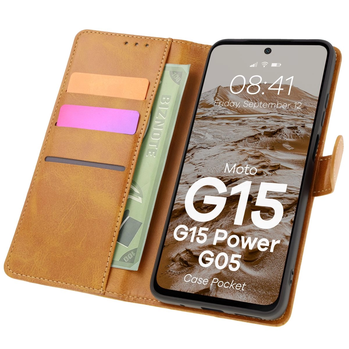 Etui Bizon z klapką Pocket do Motorola Moto G15/G15 Power/G05 Brązowy