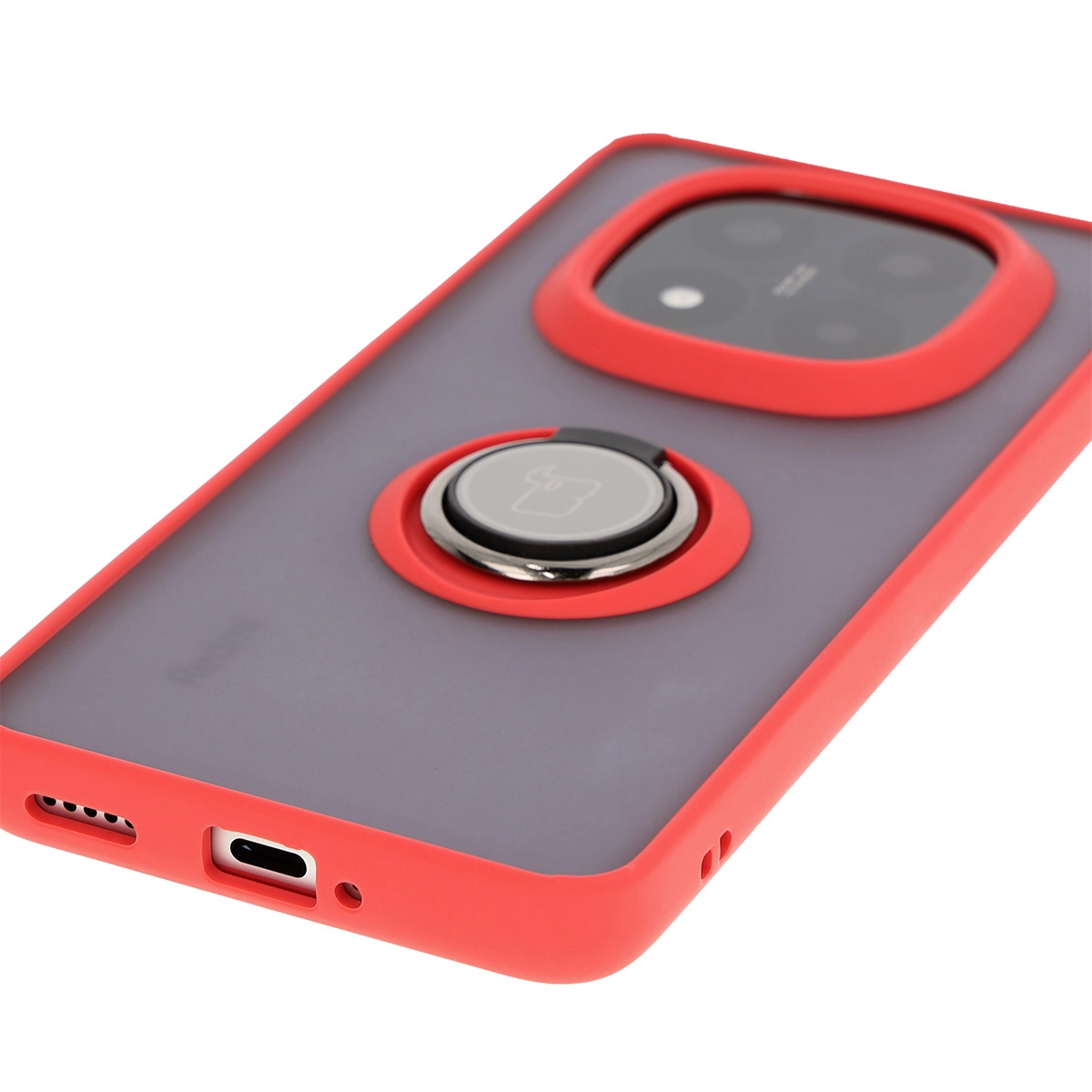Etui Bizon z uchwytem na palec Hybrid Ring do Xiaomi Redmi Note 14 Pro Plus 5G Przydymione z czerwoną ramką