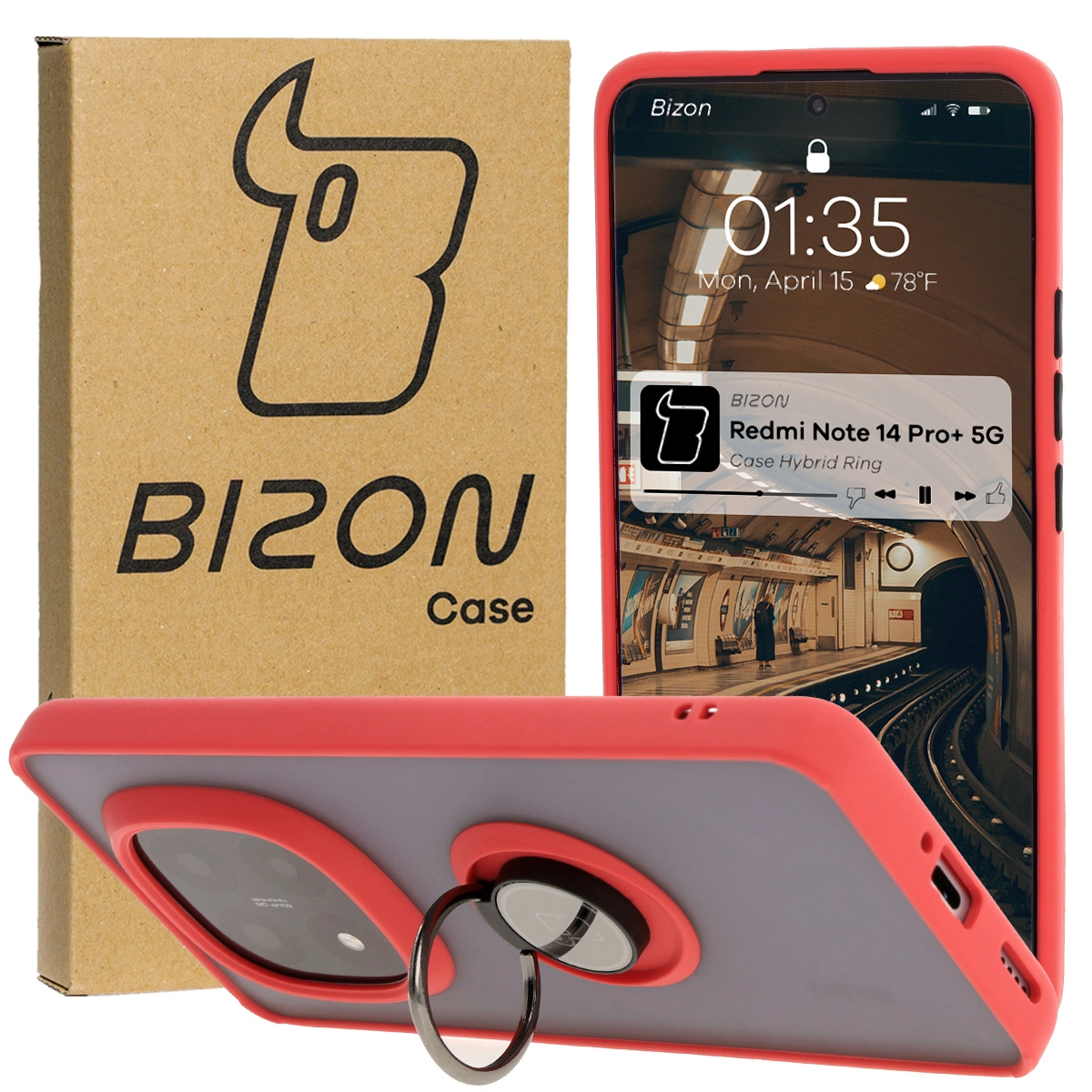Etui Bizon z uchwytem na palec Hybrid Ring do Xiaomi Redmi Note 14 Pro Plus 5G Przydymione z czerwoną ramką