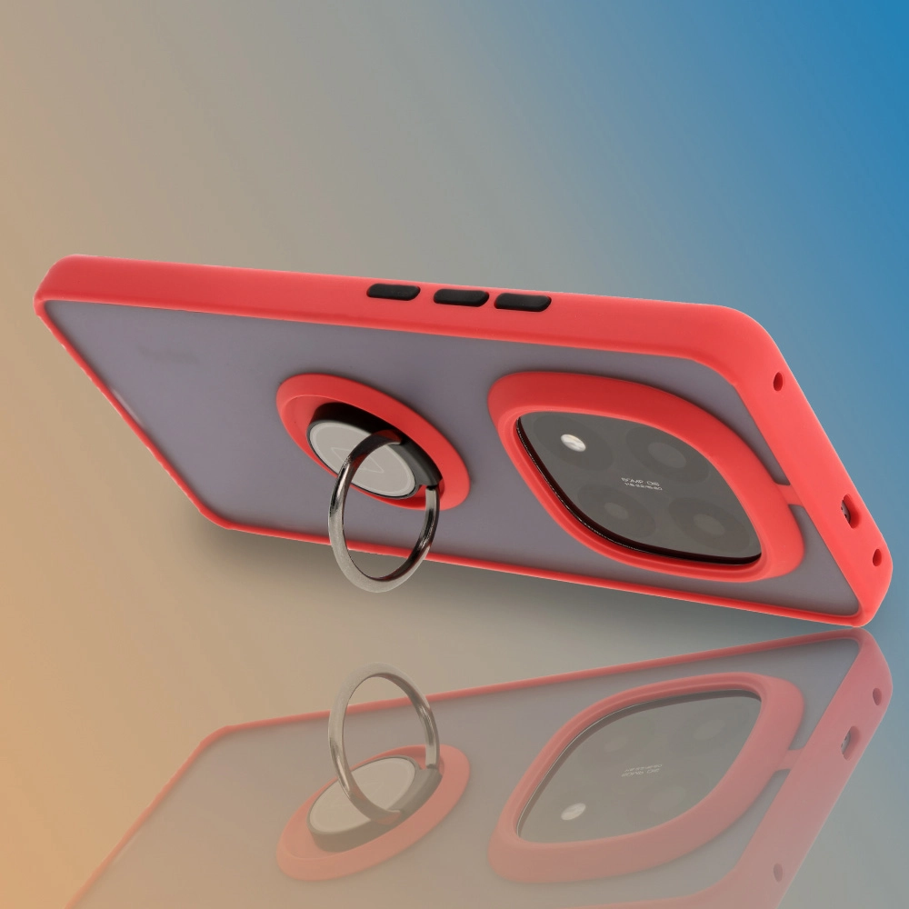 Etui Bizon z uchwytem na palec Hybrid Ring do Xiaomi Redmi Note 14 Pro Plus 5G Przydymione z czerwoną ramką