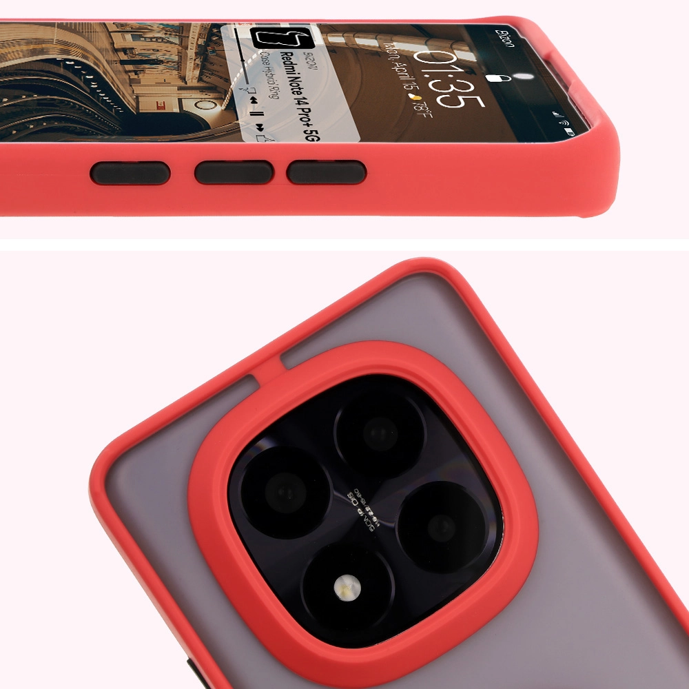 Etui Bizon z uchwytem na palec Hybrid Ring do Xiaomi Redmi Note 14 Pro Plus 5G Przydymione z czerwoną ramką