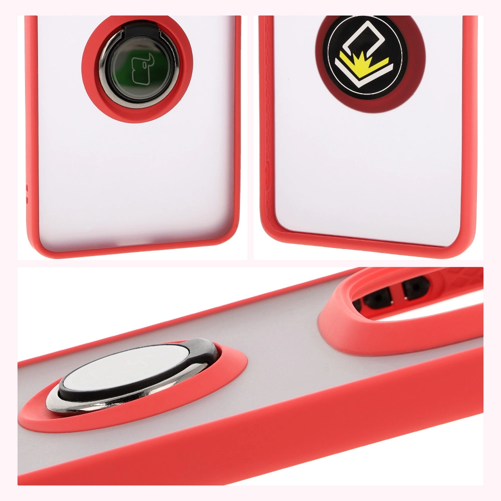 Etui Bizon z uchwytem na palec Hybrid Ring do Xiaomi Redmi Note 14 Pro Plus 5G Przydymione z czerwoną ramką