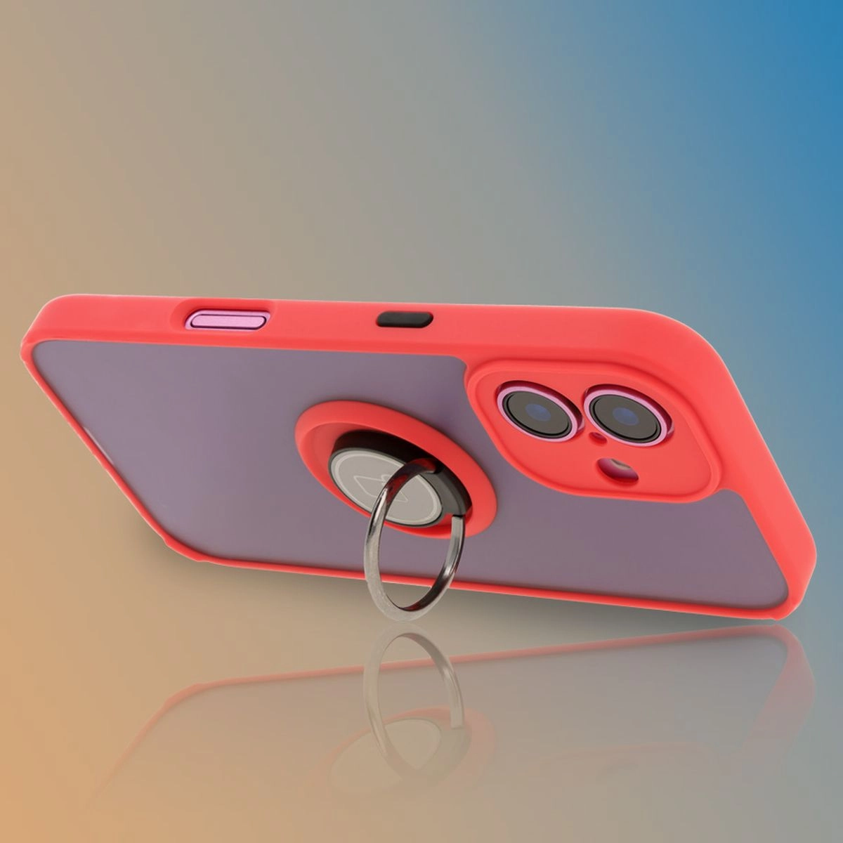 Etui Bizon z uchwytem na palec Hybrid Ring do iPhone 16 Przydymione z czerwoną ramką