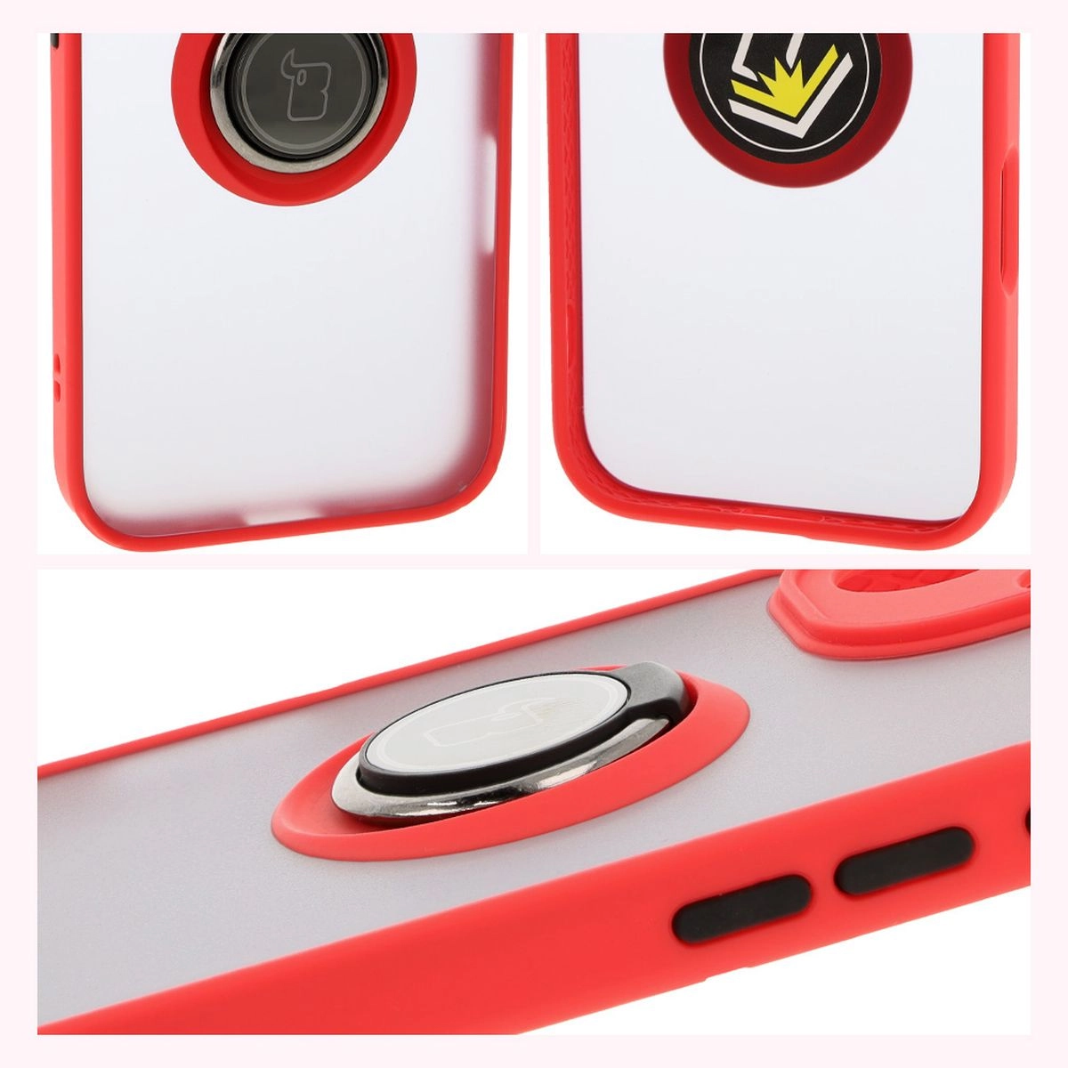 Etui Bizon z uchwytem na palec Hybrid Ring do iPhone 16 Przydymione z czerwoną ramką