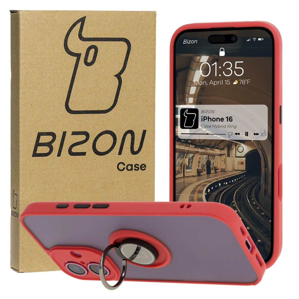 Etui Bizon z uchwytem na palec Hybrid Ring do iPhone 16 Przydymione z czerwoną ramką