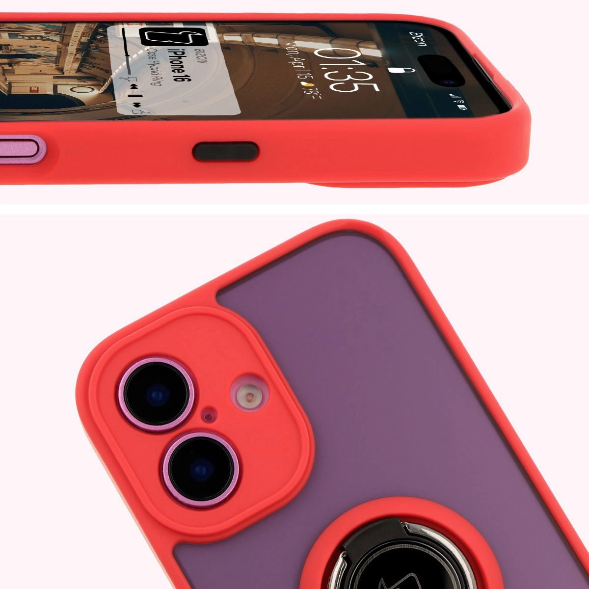 Etui Bizon z uchwytem na palec Hybrid Ring do iPhone 16 Przydymione z czerwoną ramką