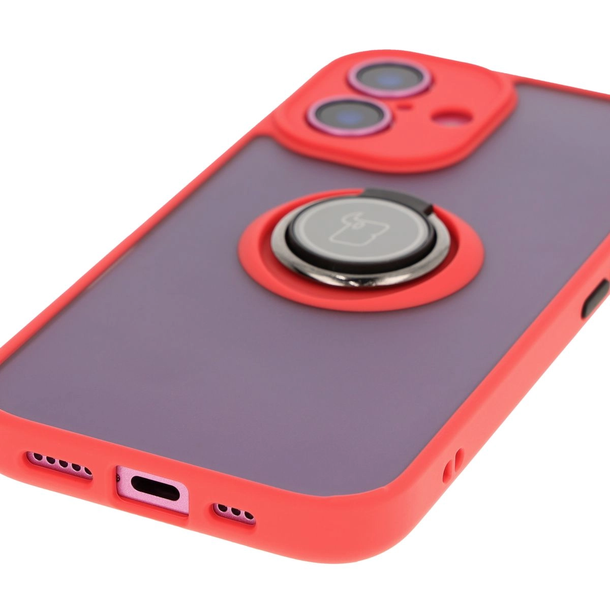 Etui Bizon z uchwytem na palec Hybrid Ring do iPhone 16 Przydymione z czerwoną ramką