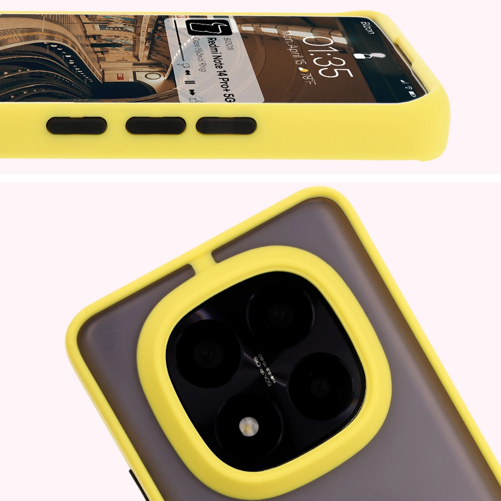 Etui Bizon z uchwytem na palec Hybrid Ring do Xiaomi Redmi Note 14 Pro Plus 5G Przydymione z żółtą ramką