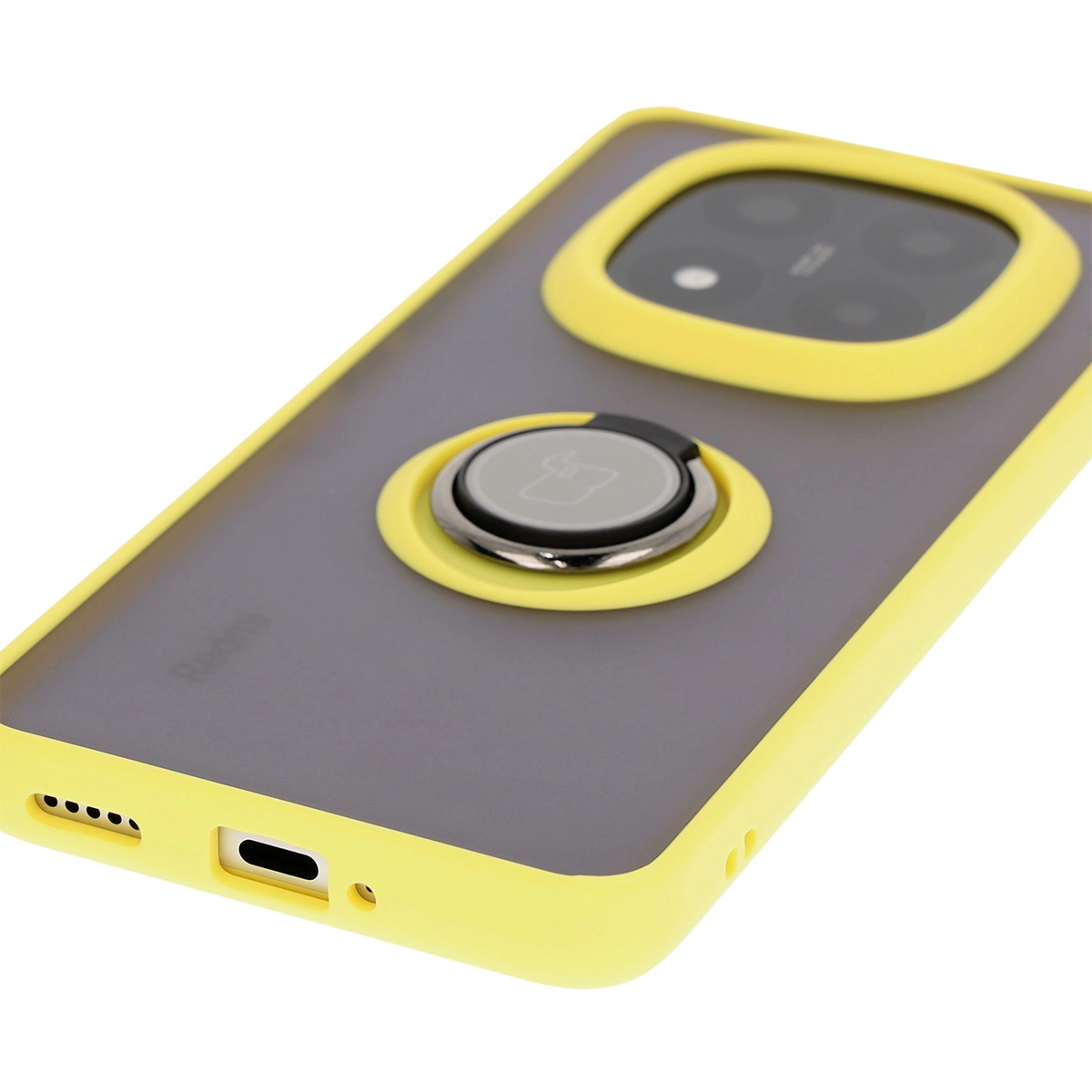 Etui Bizon z uchwytem na palec Hybrid Ring do Xiaomi Redmi Note 14 Pro Plus 5G Przydymione z żółtą ramką