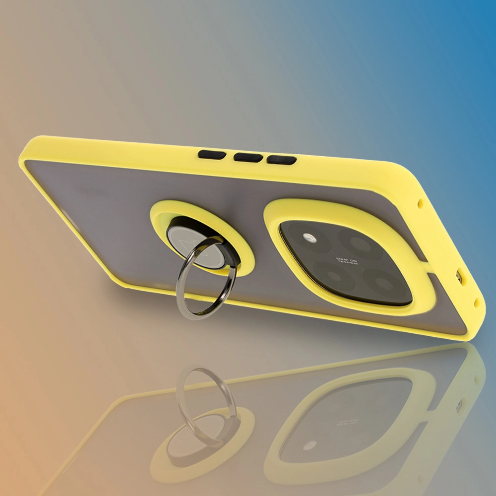 Etui Bizon z uchwytem na palec Hybrid Ring do Xiaomi Redmi Note 14 Pro Plus 5G Przydymione z żółtą ramką