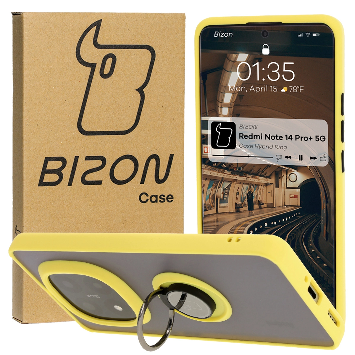 Etui Bizon z uchwytem na palec Hybrid Ring do Xiaomi Redmi Note 14 Pro Plus 5G Przydymione z żółtą ramką