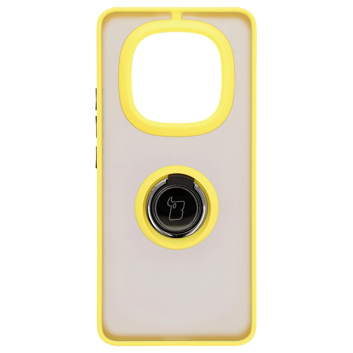 Etui Bizon z uchwytem na palec Hybrid Ring do Xiaomi Redmi Note 14 Pro Plus 5G Przydymione z żółtą ramką