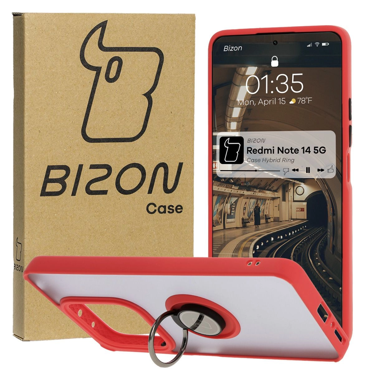 Etui Bizon z uchwytem na palec Hybrid Ring do Xiaomi Redmi Note 14 5G Przydymione z czerwoną ramką