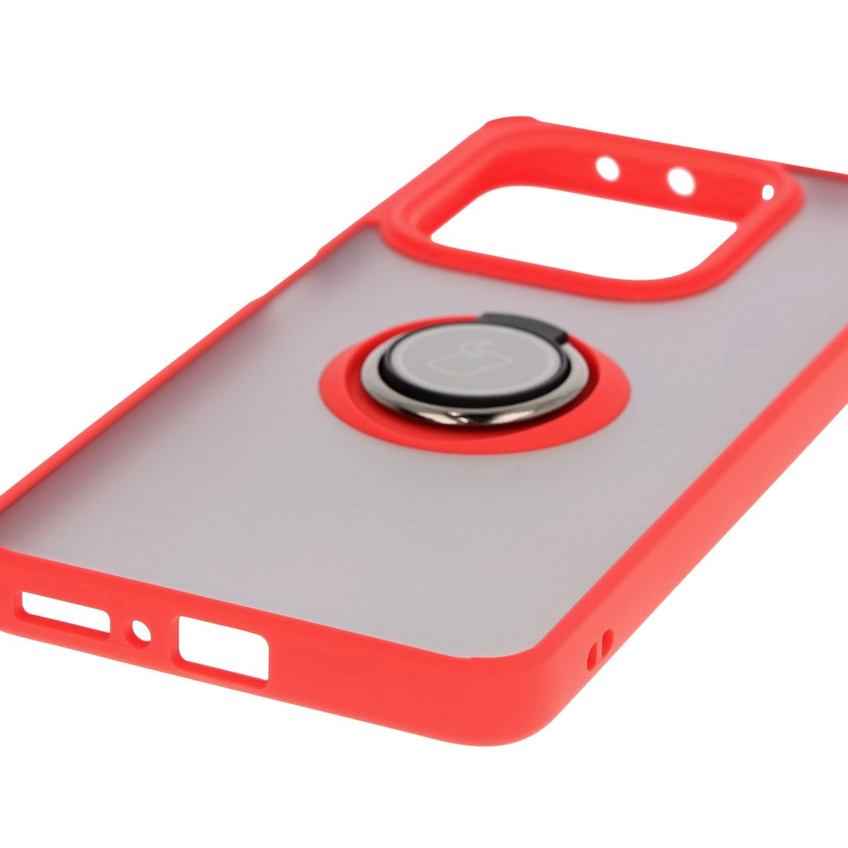 Etui Bizon z uchwytem na palec Hybrid Ring do Xiaomi Redmi Note 14 5G Przydymione z czerwoną ramką
