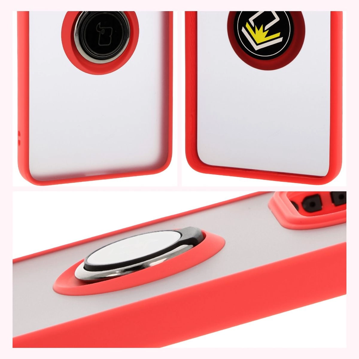Etui Bizon z uchwytem na palec Hybrid Ring do Xiaomi Redmi Note 14 5G Przydymione z czerwoną ramką