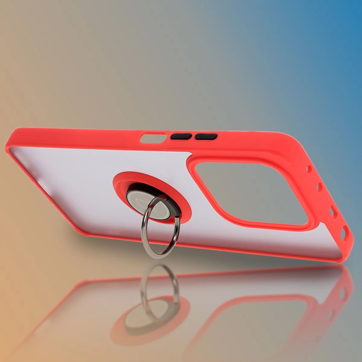 Etui Bizon z uchwytem na palec Hybrid Ring do Xiaomi Redmi Note 14 5G Przydymione z czerwoną ramką