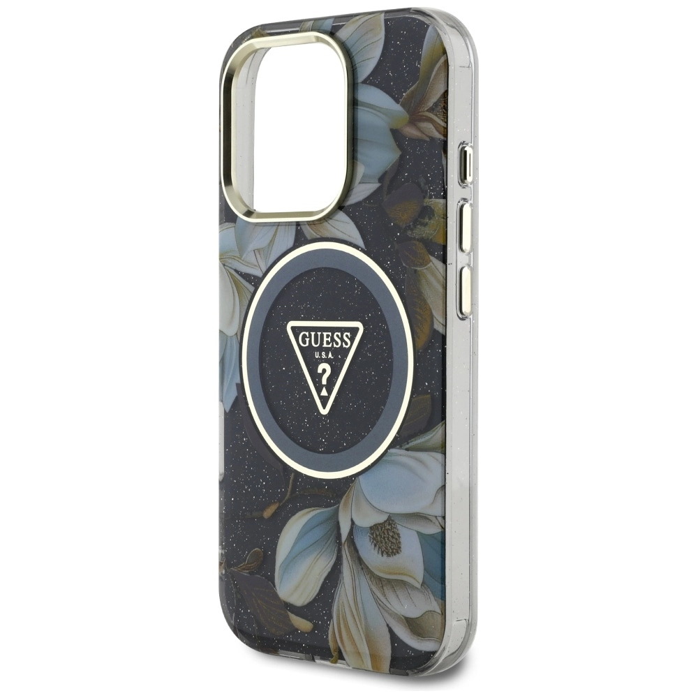 Etui Guess Glitter Flowers Triangle Buttons MagSafe do iPhone 16 Pro Czarny