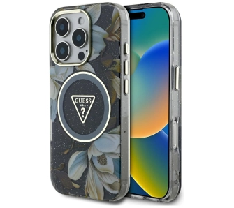 Etui Guess Glitter Flowers Triangle Buttons MagSafe do iPhone 16 Pro Czarny