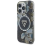 Etui Guess Glitter Flowers Triangle Buttons MagSafe do iPhone 16 Pro Czarny