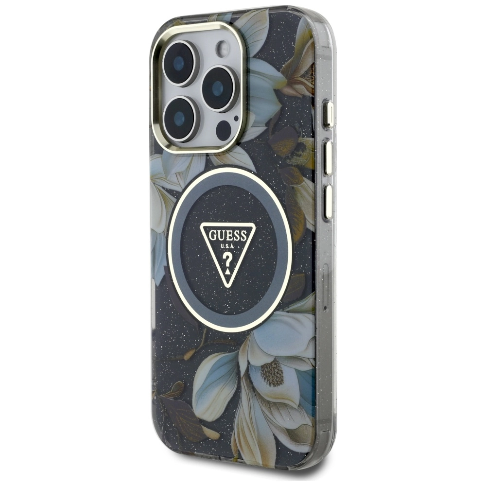 Etui Guess Glitter Flowers Triangle Buttons MagSafe do iPhone 16 Pro Czarny
