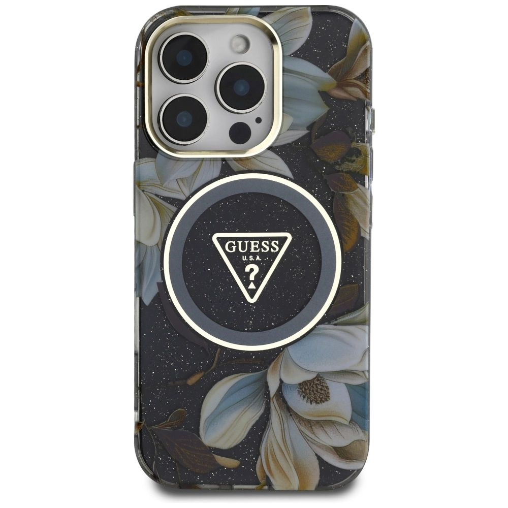Etui Guess Glitter Flowers Triangle Buttons MagSafe do iPhone 16 Pro Czarny