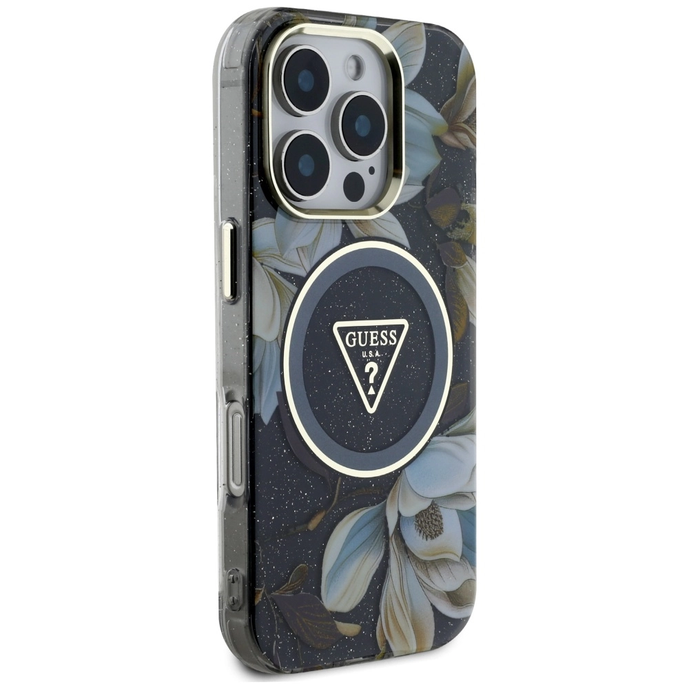 Etui Guess Glitter Flowers Triangle Buttons MagSafe do iPhone 16 Pro Czarny