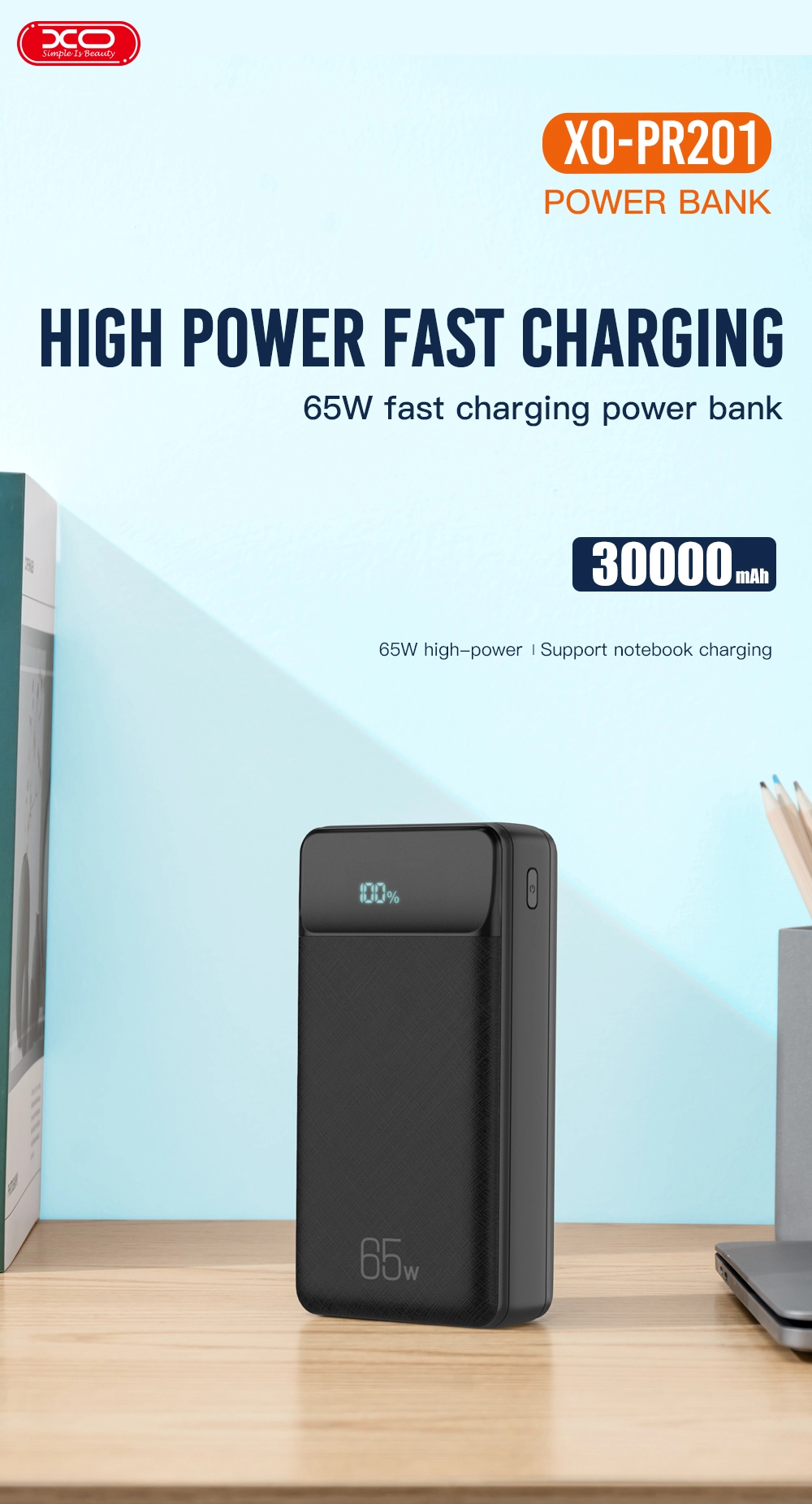 Powerbank XO PR201 65W 30000mAh 65W Czarny
