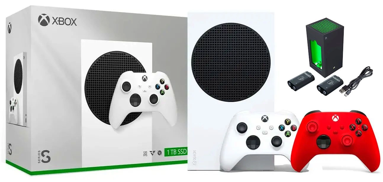 Konsola Xbox Series S 1TB + Dodatkowy Pad Czerwony + Ładowarka Nacon XSX Battery Box
