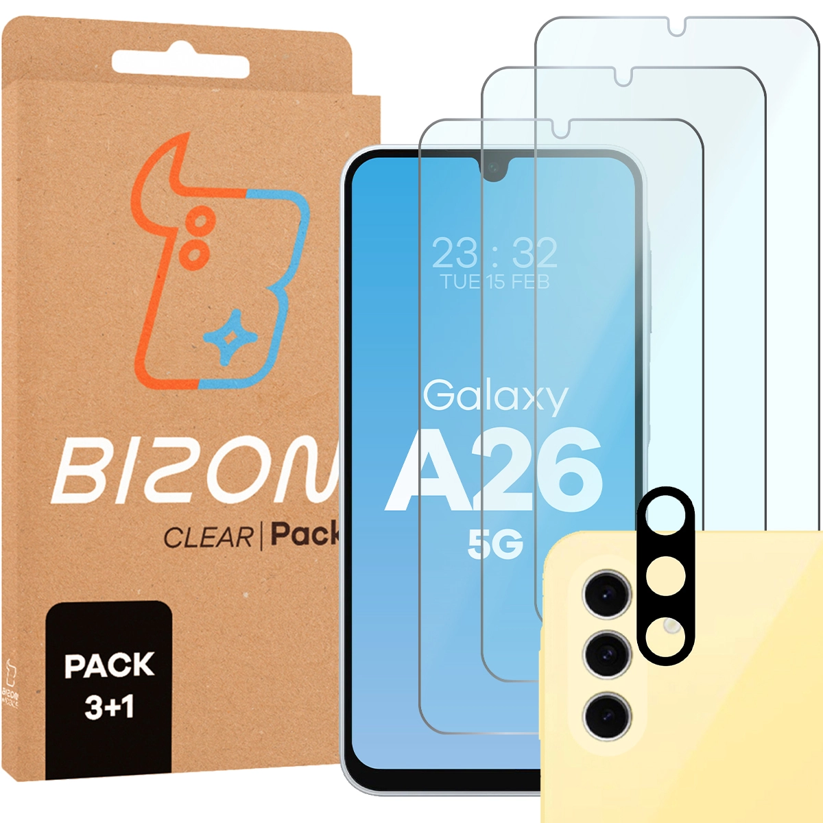 Zestaw ochronny Bizon 3x Szkło hartowane + szybka na aparat Clear 2 Pack do Samsung Galaxy A26 5G