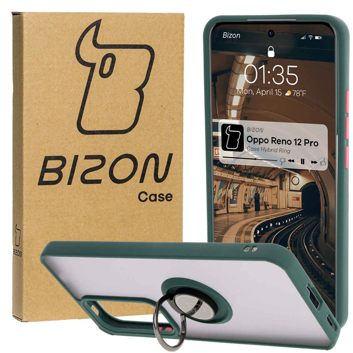 Etui Bizon z uchwytem na palec Hybrid Ring do Oppo Reno 12 Pro przydymione z Ciemnozieloną ramką