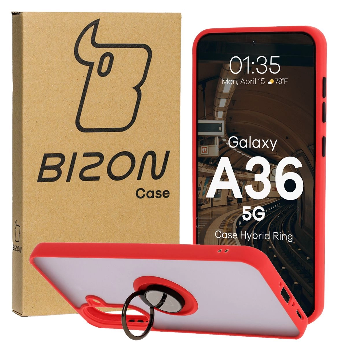 Etui Bizon z uchwytem na palec Hybrid Ring do Galaxy A36 5G przydymione z Czerwoną ramką