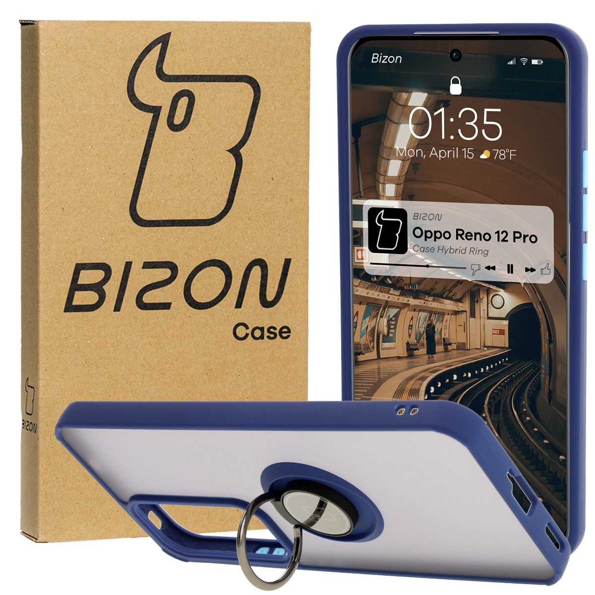 Etui Bizon z uchwytem na palec Hybrid Ring do Oppo Reno 12 Pro przydymione z Granatową ramką