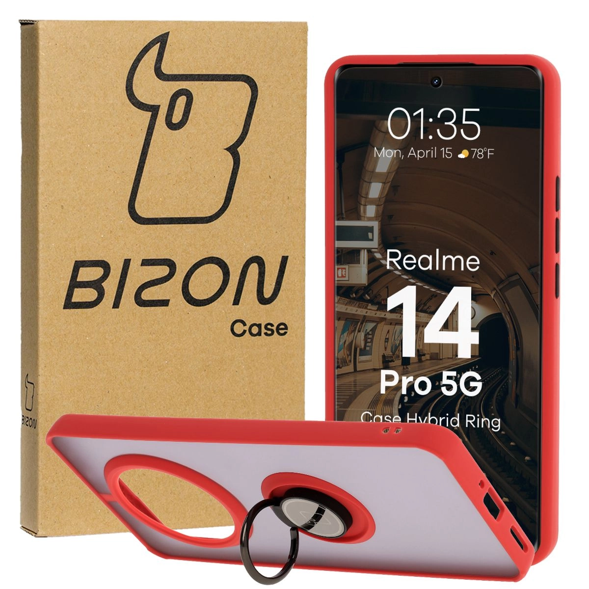 Bizon z uchwytem na palec Hybrid Ring do Realme 14 Pro 5G przydymione z Czerwoną ramką