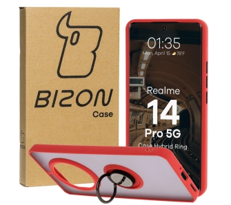 Etui Bizon z uchwytem na palec Hybrid Ring do Realme 14 Pro 5G przydymione z Czerwoną ramką