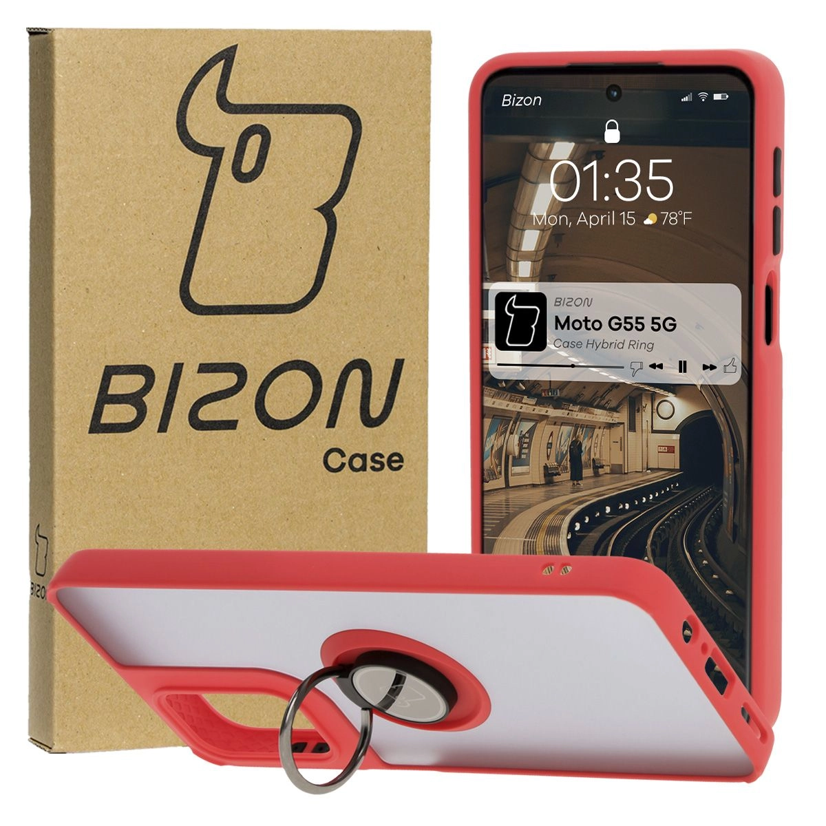 Etui Bizon z uchwytem na palec Hybrid Ring do Motorola Moto G55 5G przydymione z Czerwoną ramką