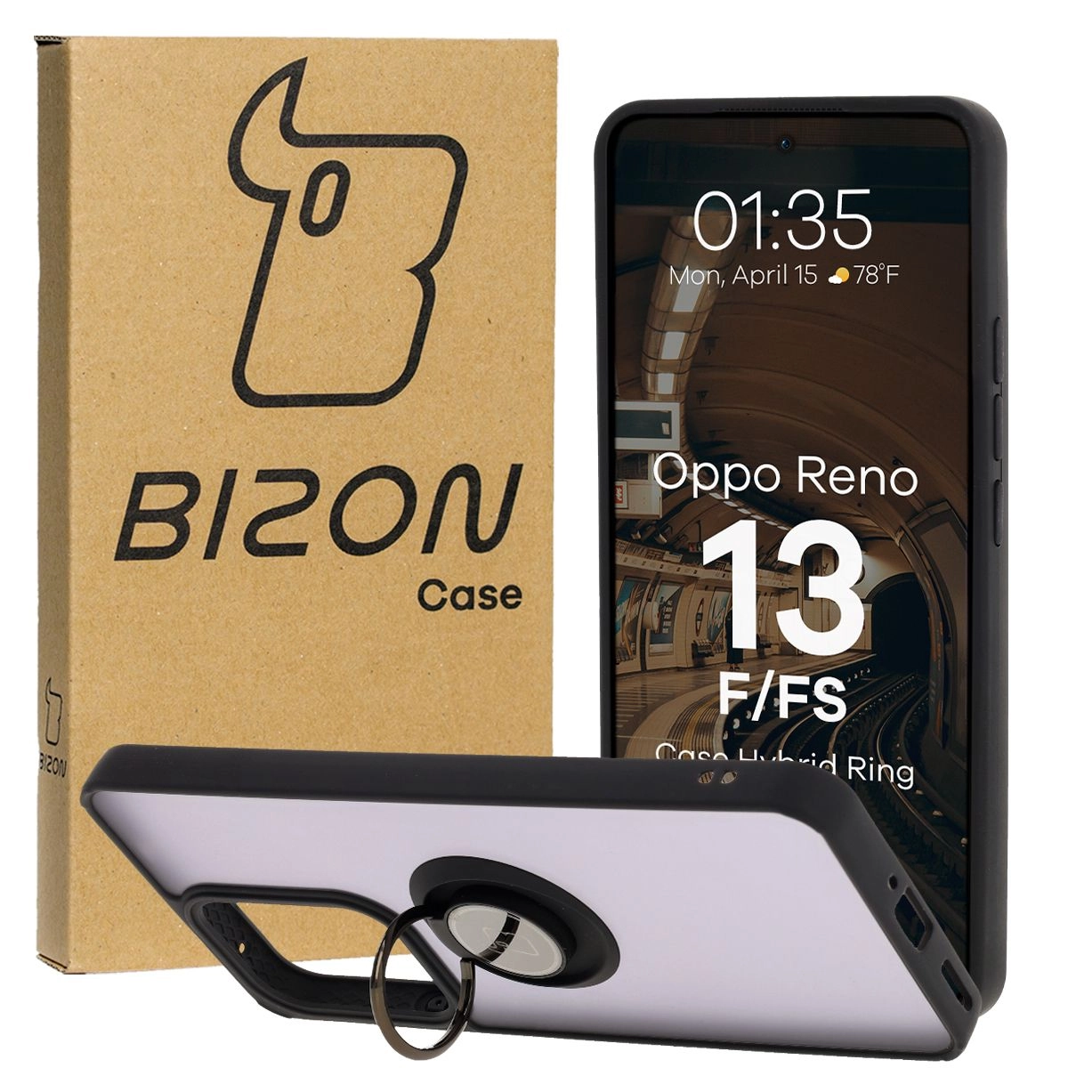 Etui Bizon z uchwytem na palec Hybrid Ring do Oppo Reno13 F/FS przydymione z Czarną ramką