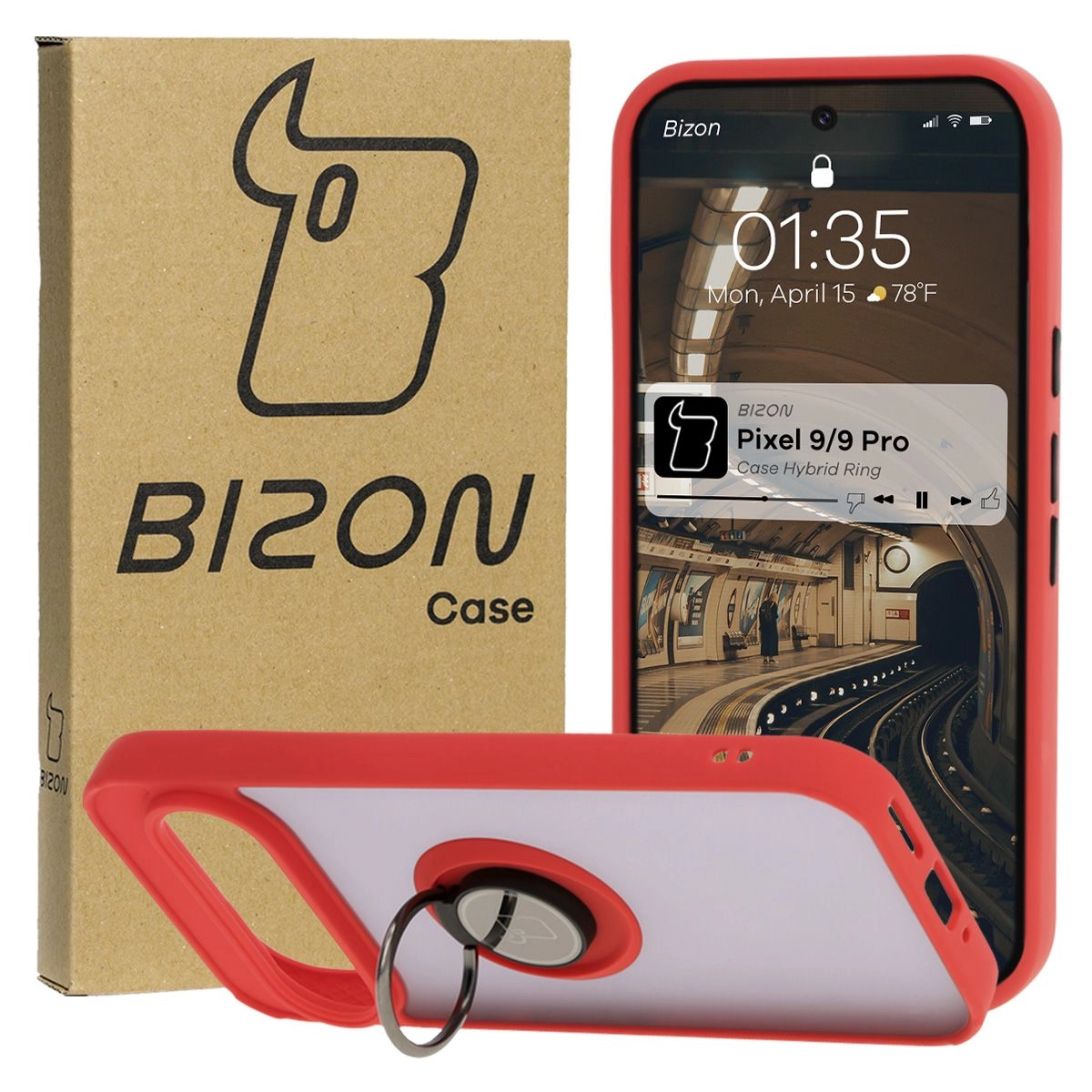 Etui Bizon z uchwytem na palec Hybrid Ring do Google Pixel 9/9 Pro przydymione z Czerwoną ramką