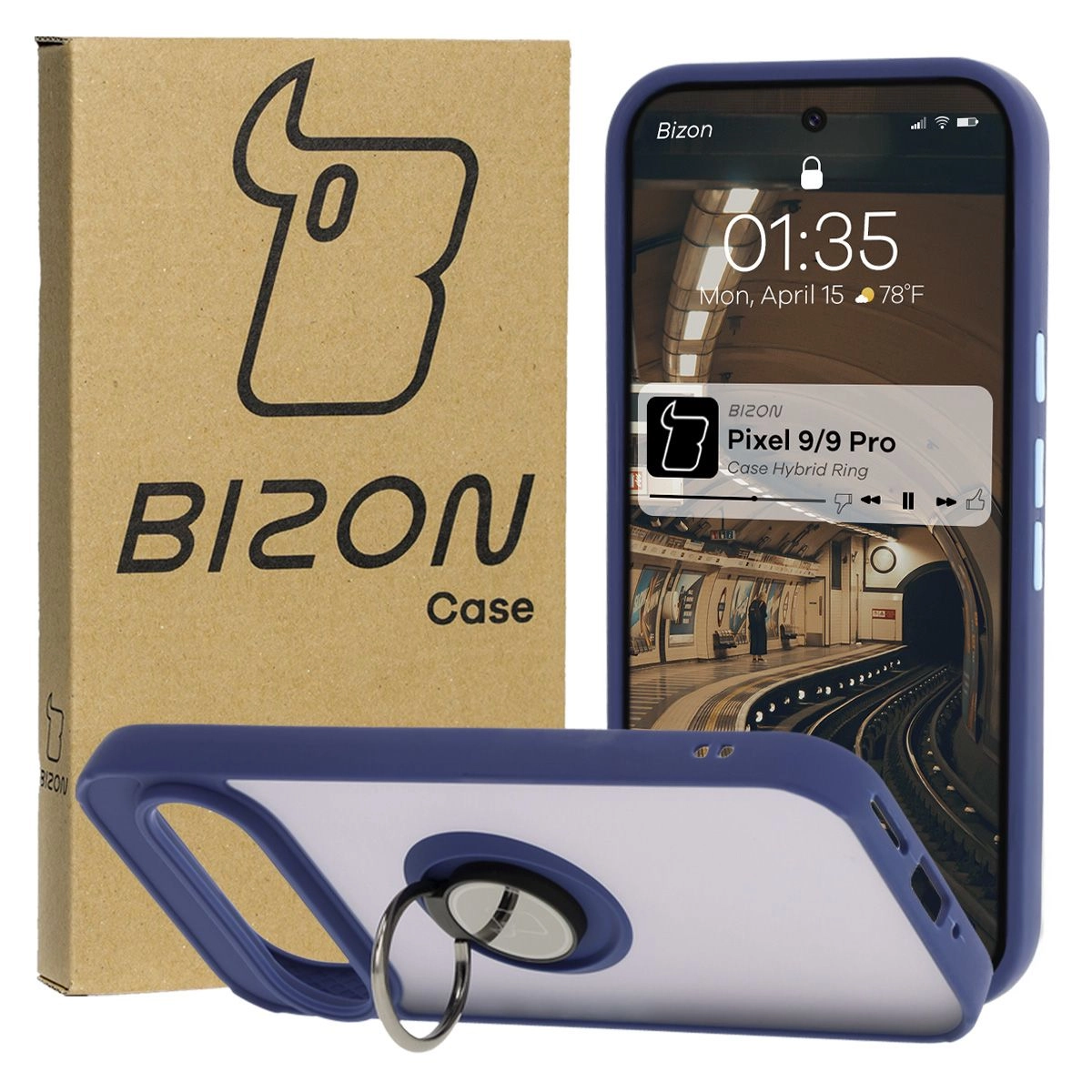 Etui Bizon z uchwytem na palec Hybrid Ring do Google Pixel 9/9 Pro przydymione z Granatową ramką
