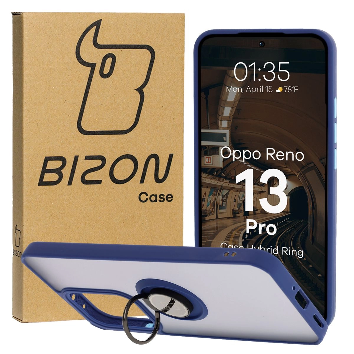 Etui Bizon z uchwytem na palec Hybrid Ring do Oppo Reno13 Pro przydymione z Granatową ramką