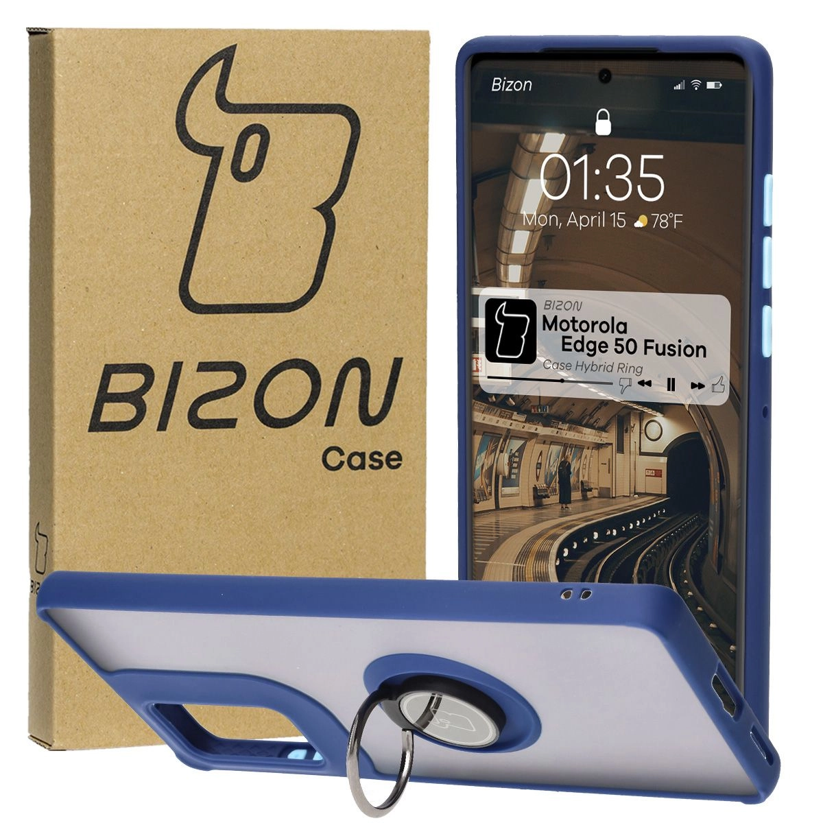 Etui Bizon z uchwytem na palec Hybrid Ring do Motorola Edge 50 Ultra przydymione z Granatową ramką