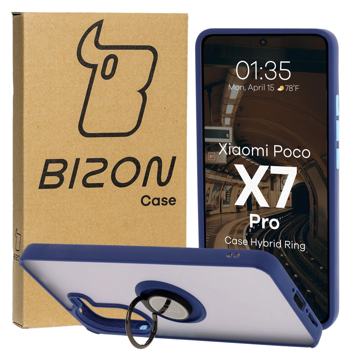 Etui Bizon z uchwytem na palec Hybrid Ring do Xiaomi Poco X7 Pro przydymione z Granatową ramką