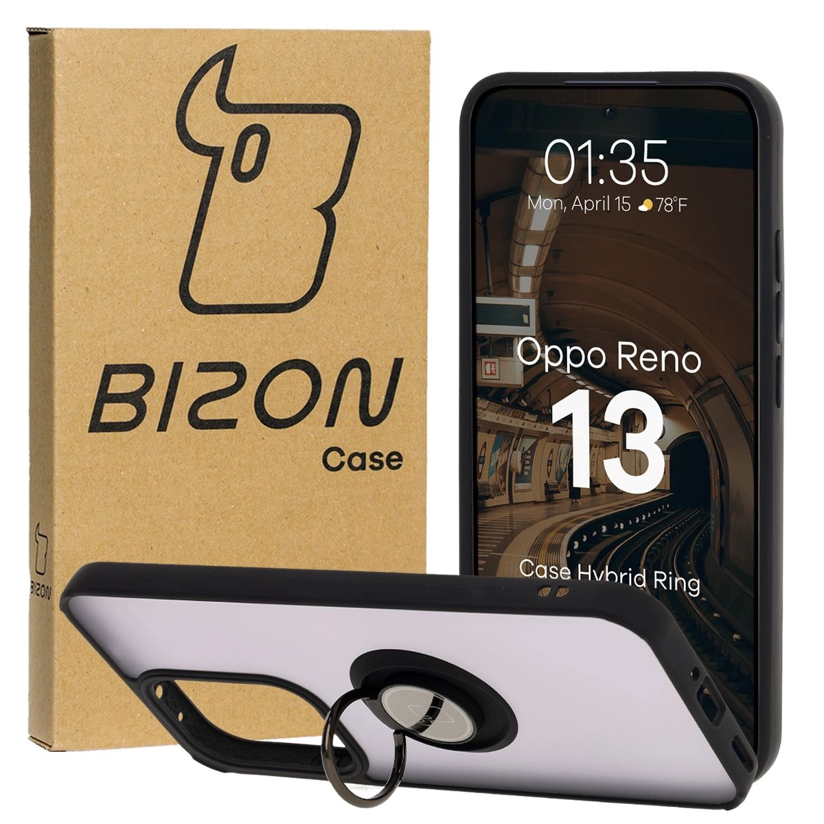 Etui Bizon z uchwytem na palec Hybrid Ring do Oppo Reno13 przydymione z Czarną ramką