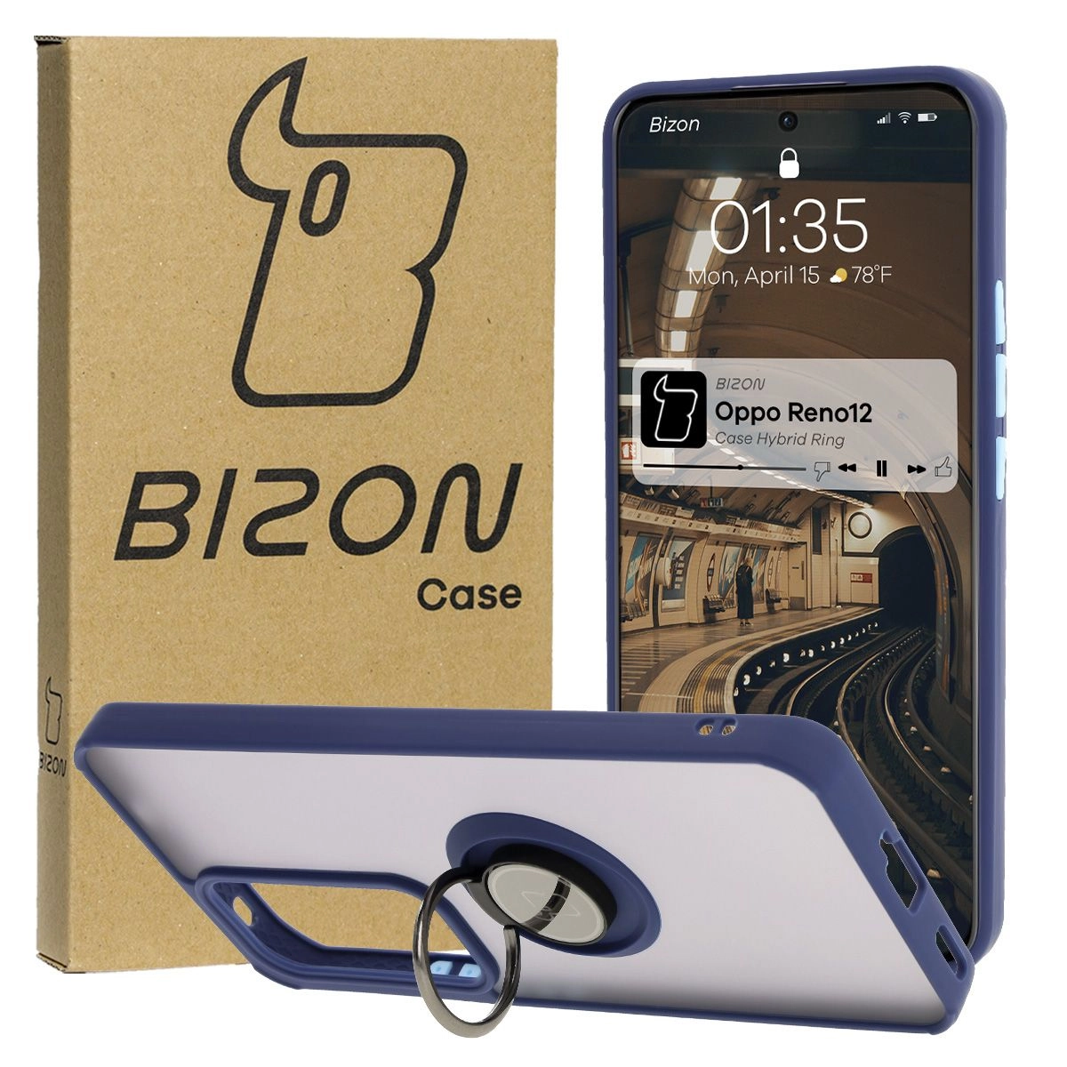 Etui Bizon z uchwytem na palec Hybrid Ring do Oppo Reno 12 przydymione z Granatową ramką