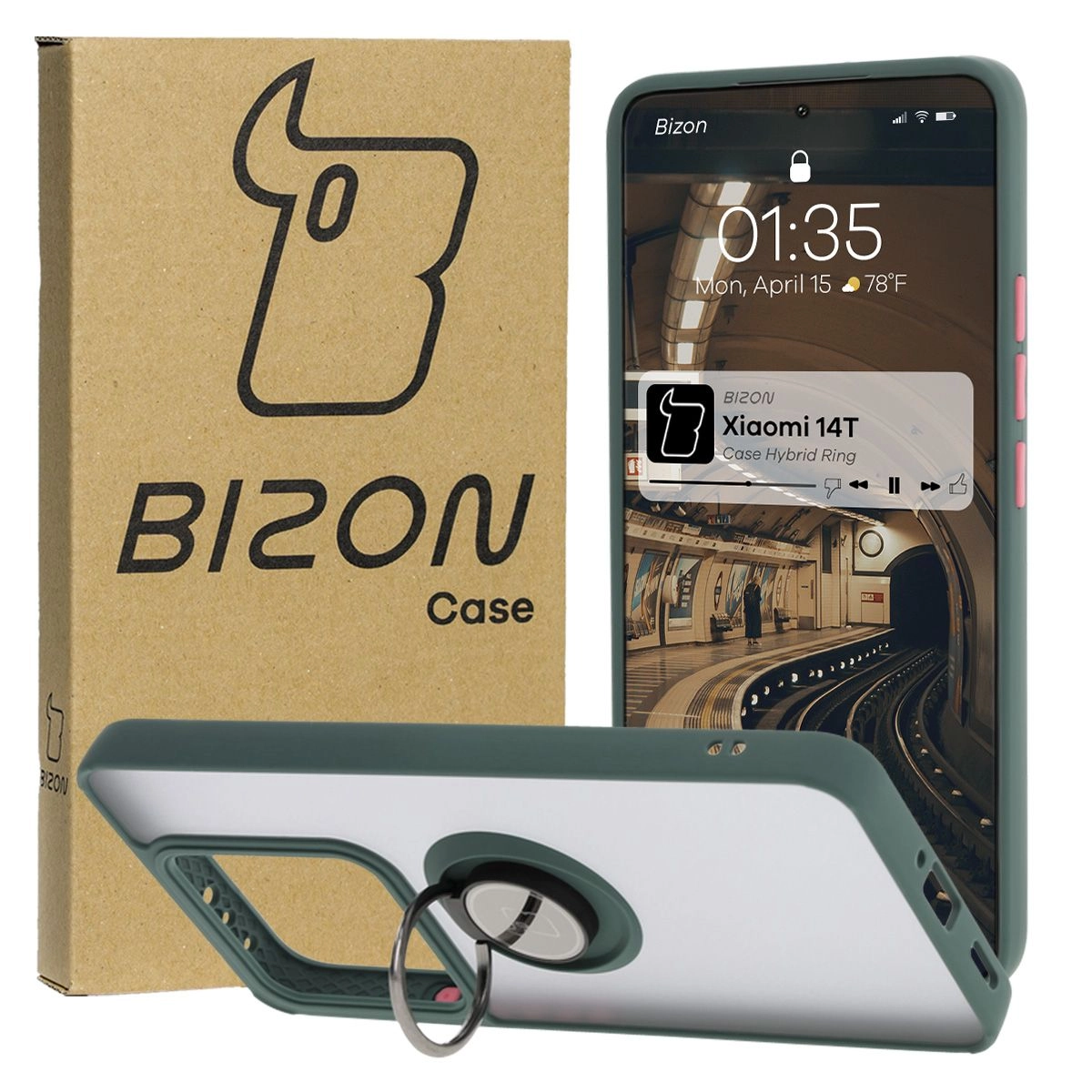 Etui Bizon z uchwytem na palec Hybrid Ring do Xiaomi 14T przydymione z Ciemnozieloną ramką