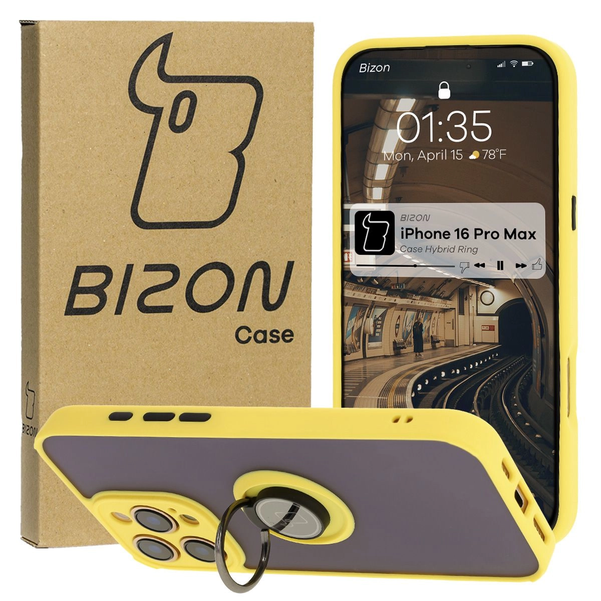 Etui Bizon z uchwytem na palec Hybrid Ring do iPhone 16 Pro Max przydymione z Żółtą ramką